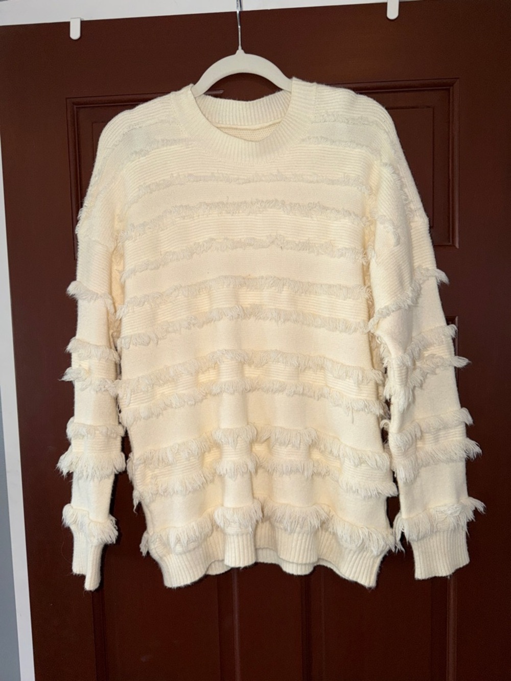 Cozy Cream Fringe-Trim Crewneck Sweater